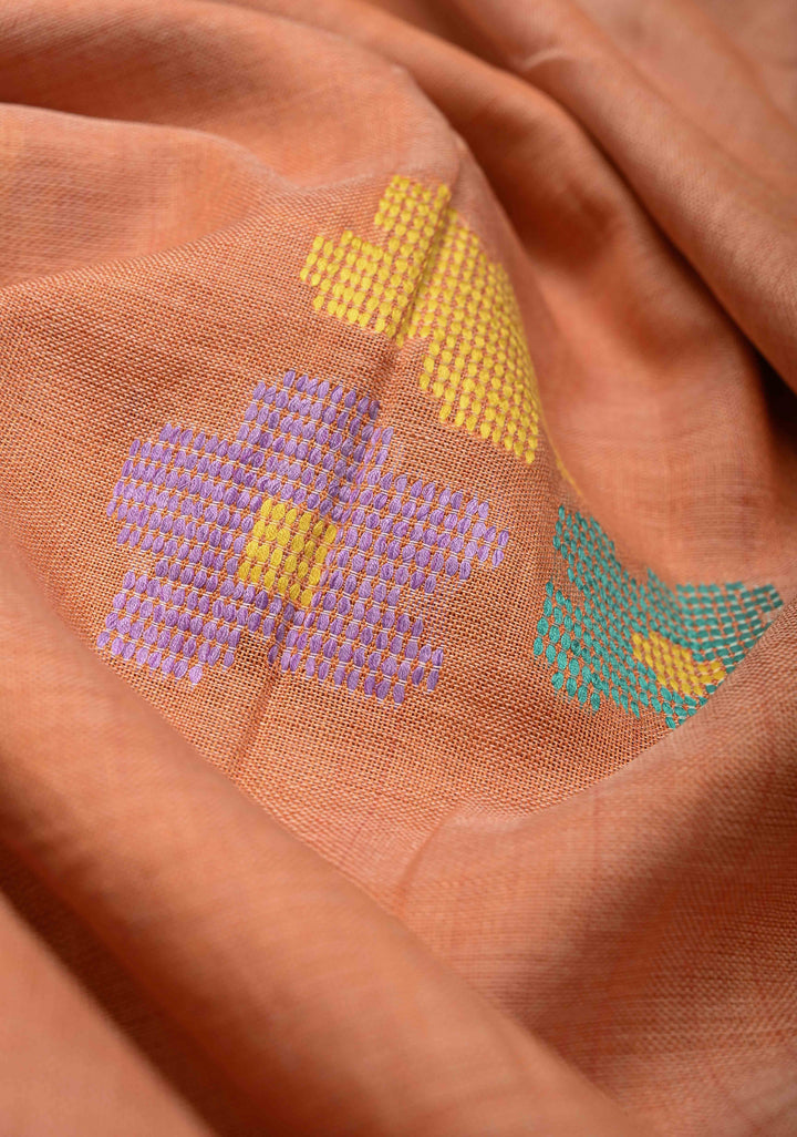 Peach Bhujodi Kala Cotton Saree with Thread Meenakari Floral Buttas and Border-Stripes Pallu