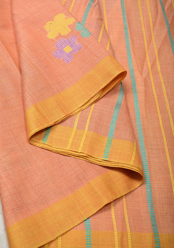Peach Bhujodi Kala Cotton Saree with Thread Meenakari Floral Buttas and Border-Stripes Pallu