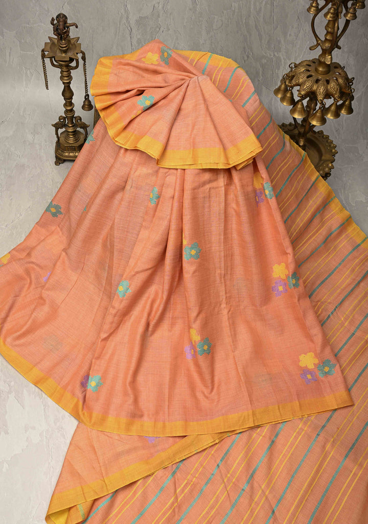 Peach Bhujodi Kala Cotton Saree with Thread Meenakari Floral Buttas and Border-Stripes Pallu