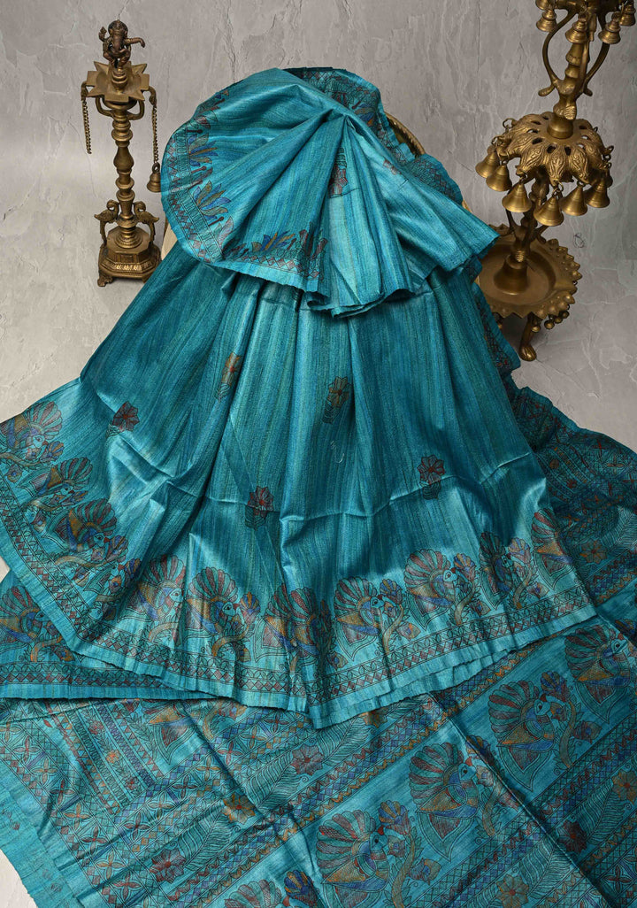 Bluish Cyan Desi Tussar Madhubani Hand-Painted Saree  | SILK MARK CERTIFIED