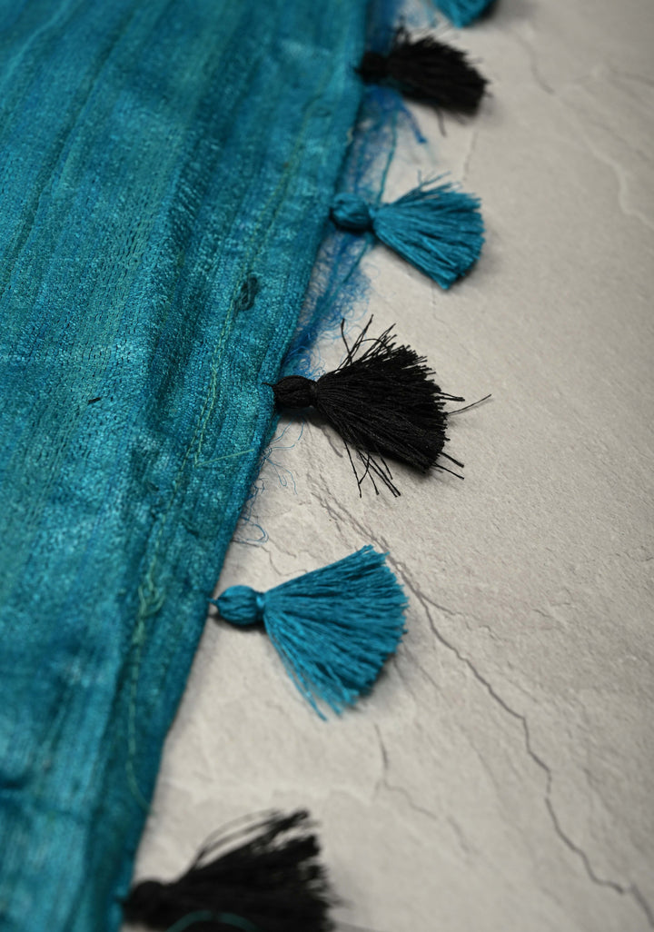 Bluish Cyan Desi Tussar Madhubani Hand-Painted Saree  | SILK MARK CERTIFIED