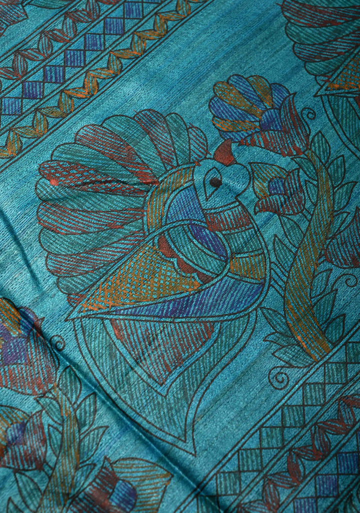Bluish Cyan Desi Tussar Madhubani Hand-Painted Saree  | SILK MARK CERTIFIED