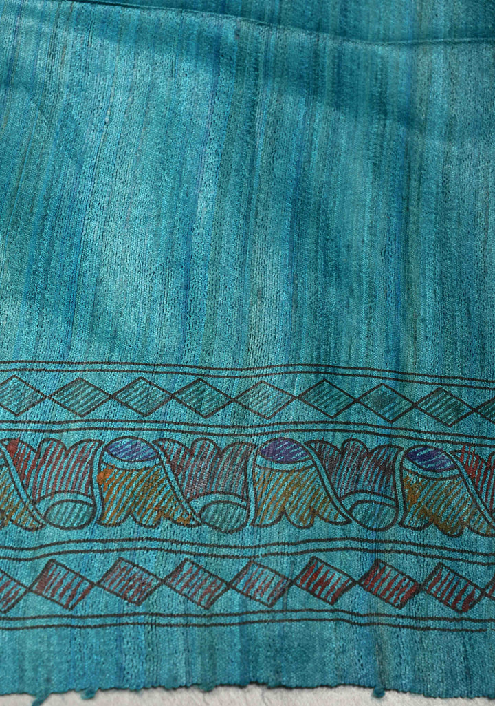 Teal Blue Madhubani hand painting on Geecha Tussar Silk Saree | SILK MARK CERTIFIED