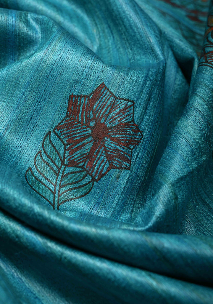 Bluish Cyan Desi Tussar Madhubani Hand-Painted Saree  | SILK MARK CERTIFIED
