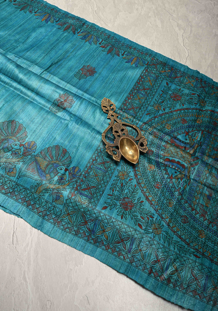 Teal Blue Madhubani hand painting on Geecha Tussar Silk Saree | SILK MARK CERTIFIED