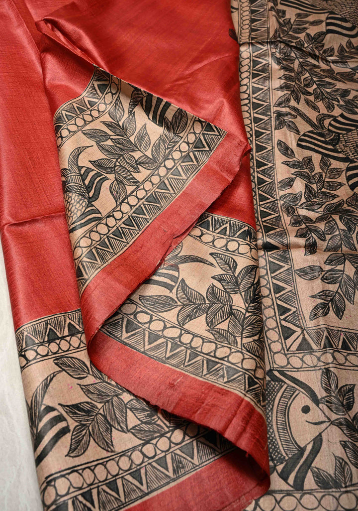 Red Desi Tussar Madhubani Hand-Painted Saree  | SILK MARK CERTIFIED