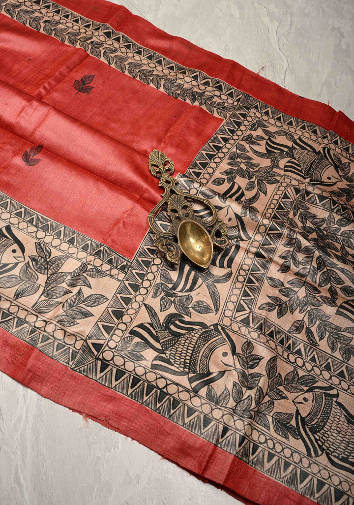 Red Desi Tussar Madhubani Hand-Painted Saree  | SILK MARK CERTIFIED