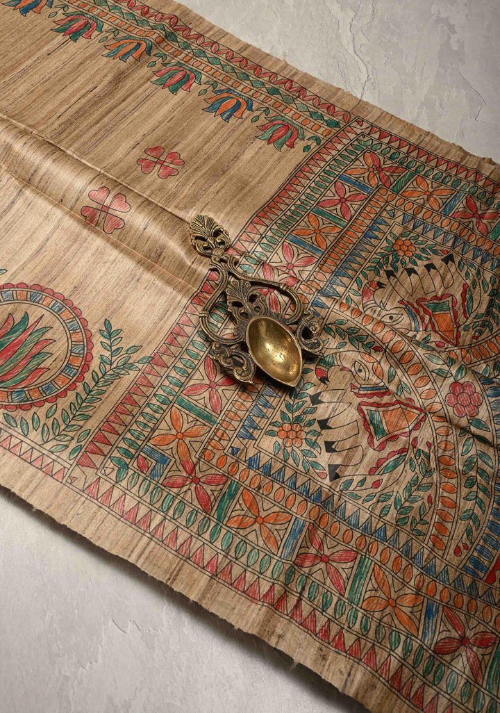 Natural Color Authentic Madhubani hand painting on Geecha Tussar Silk Saree| SILK MARK CERTIFIED