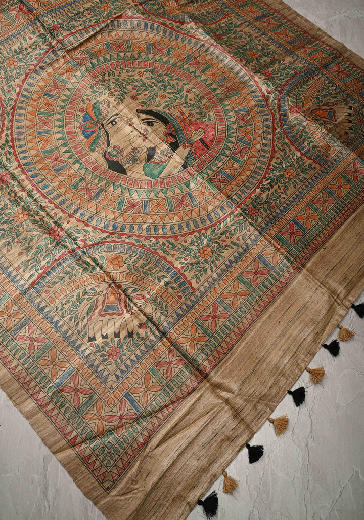 Beige Desi Tussar Madhubani Hand-Painted Saree  | SILK MARK CERTIFIED