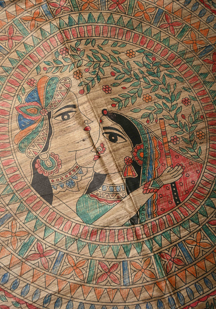 Beige Desi Tussar Madhubani Hand-Painted Saree  | SILK MARK CERTIFIED