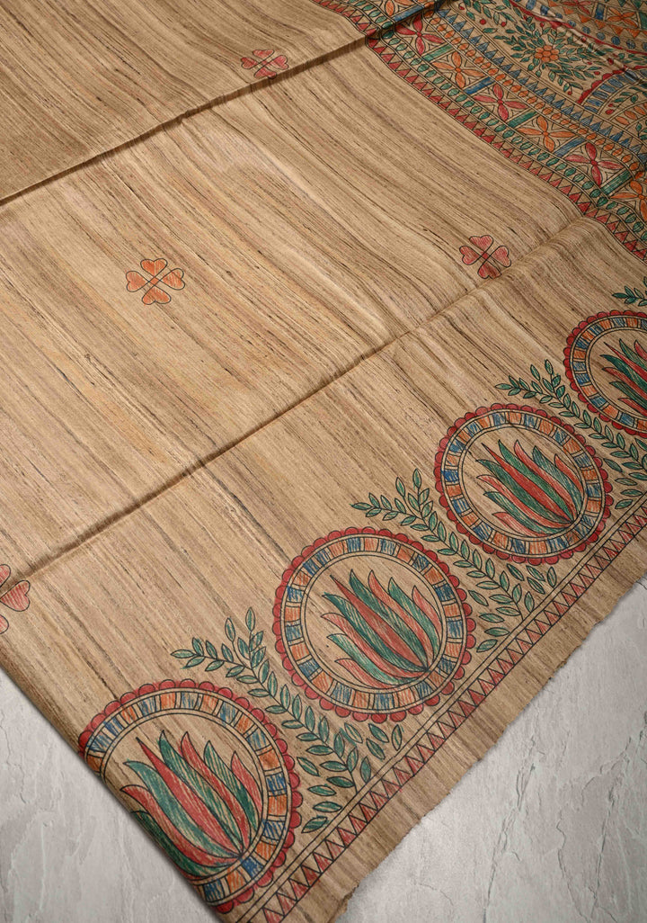 Beige Desi Tussar Madhubani Hand-Painted Saree  | SILK MARK CERTIFIED
