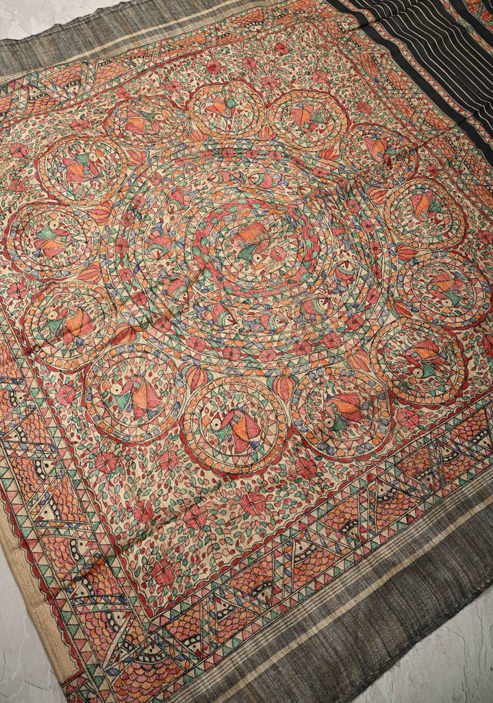 Beige Desi Tussar Madhubani Hand-Painted Saree  | SILK MARK CERTIFIED