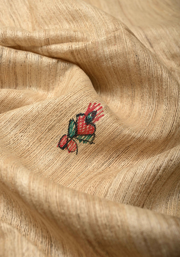 Beige Desi Tussar Madhubani Hand-Painted Saree  | SILK MARK CERTIFIED