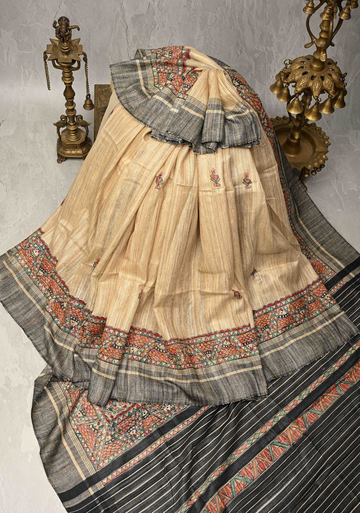 Beige Desi Tussar Madhubani Hand-Painted Saree  | SILK MARK CERTIFIED