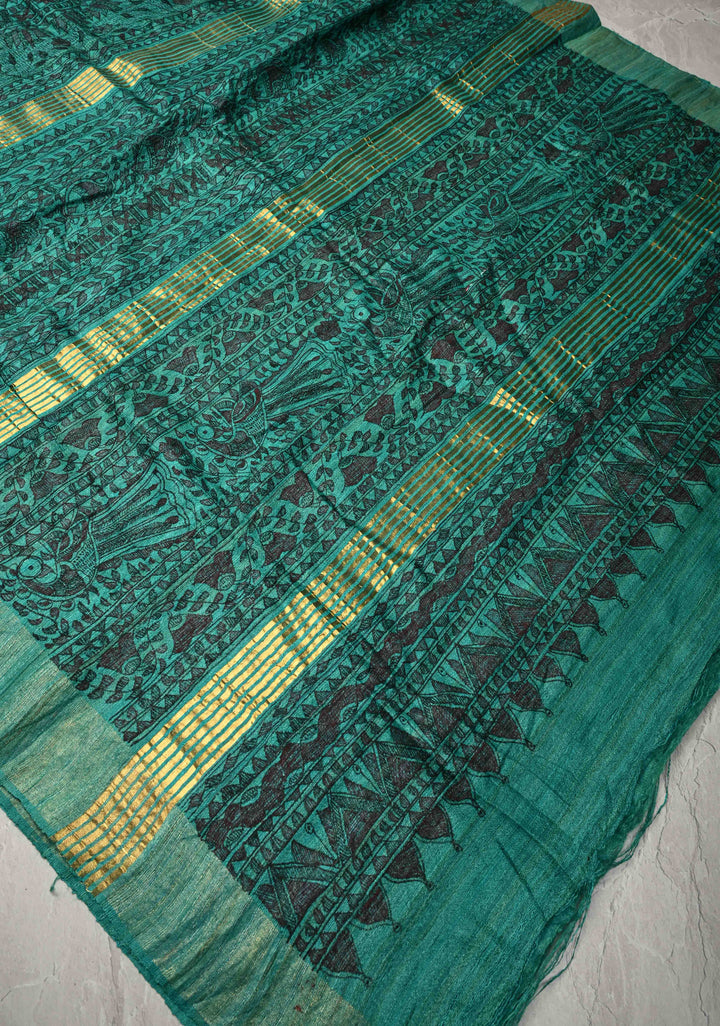 Teal Green Tussar Madhubani Hand-Painted Saree  | SILK MARK CERTIFIED