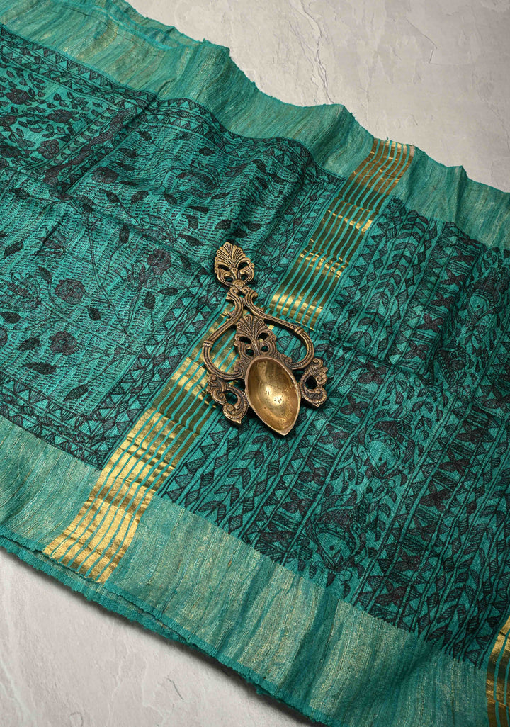 Teal Green Tussar Madhubani Hand-Painted Saree  | SILK MARK CERTIFIED