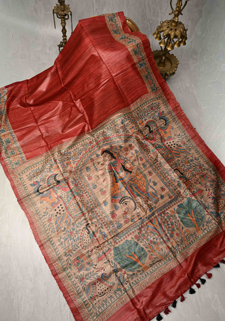 Red Tussar Madhubani Hand-Painted Saree  | SILK MARK CERTIFIED