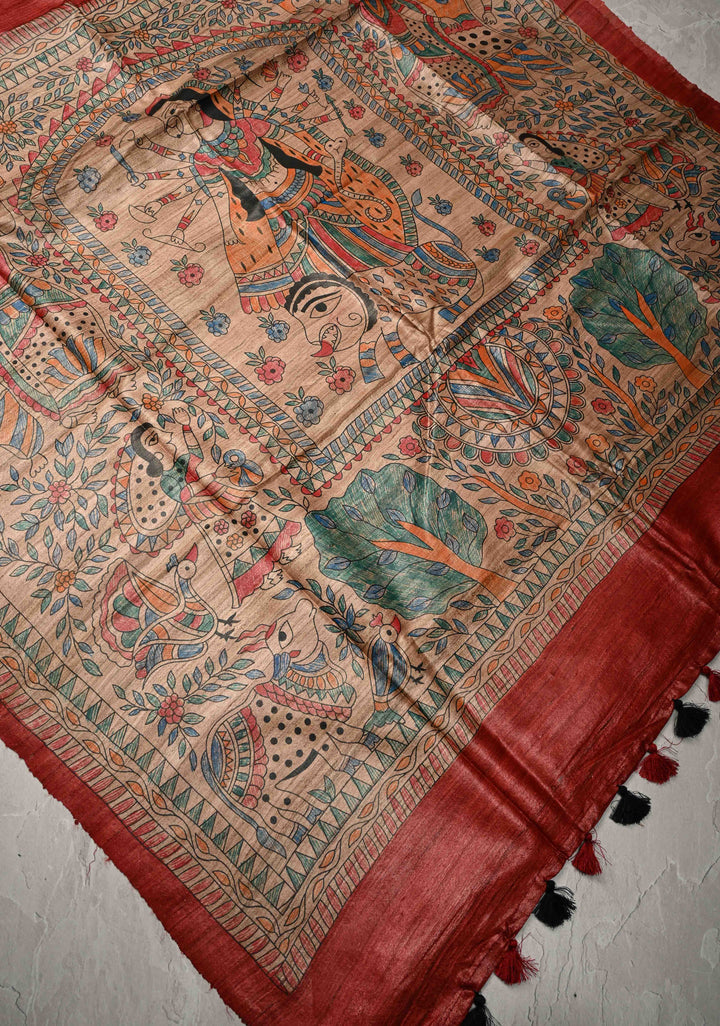 Red Tussar Madhubani Hand-Painted Saree  | SILK MARK CERTIFIED