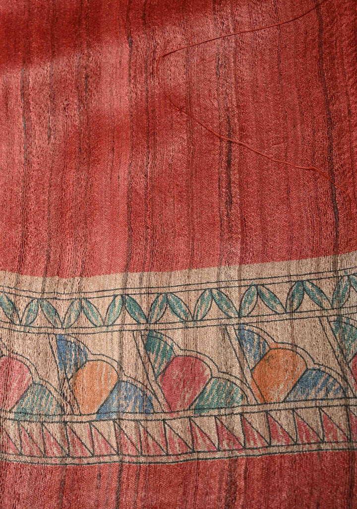 Red Tussar Madhubani Hand-Painted Saree  | SILK MARK CERTIFIED