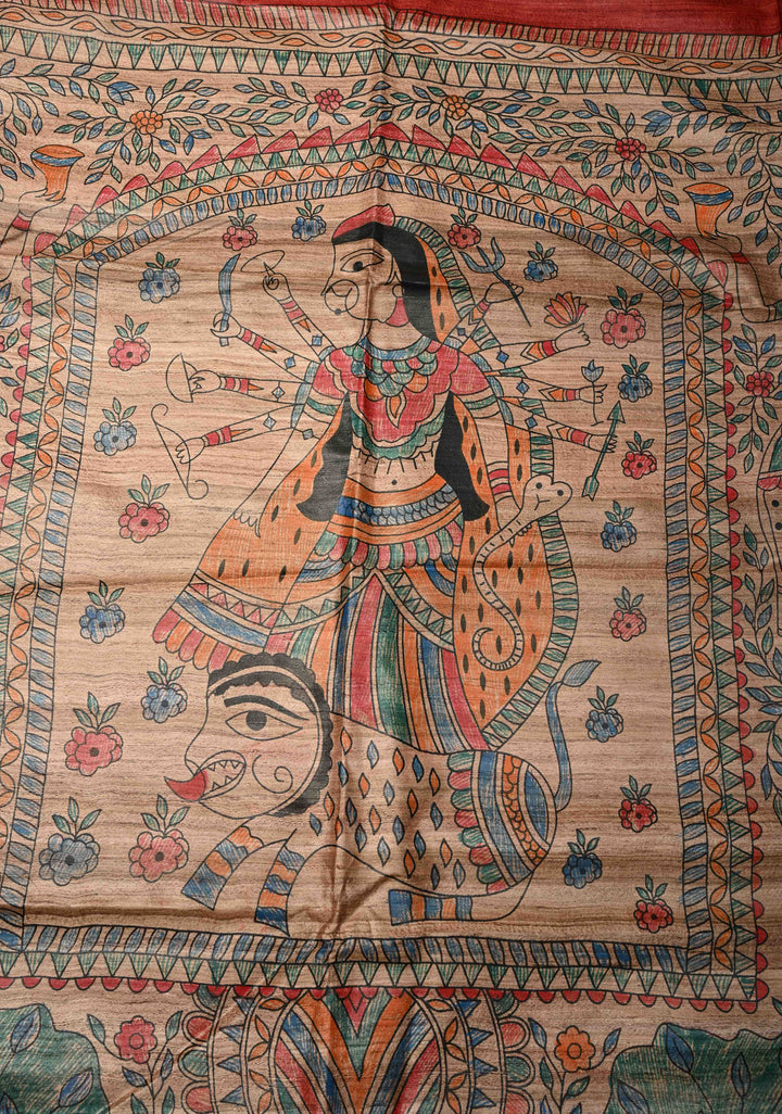 Red Tussar Madhubani Hand-Painted Saree  | SILK MARK CERTIFIED