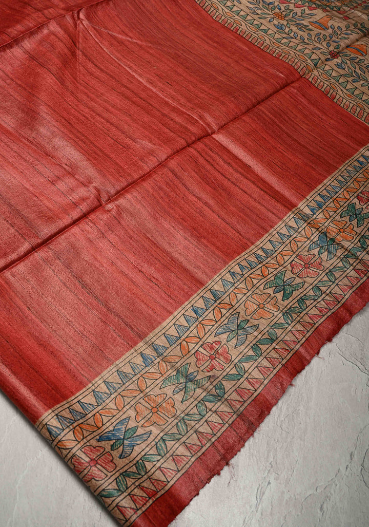Red Tussar Madhubani Hand-Painted Saree  | SILK MARK CERTIFIED
