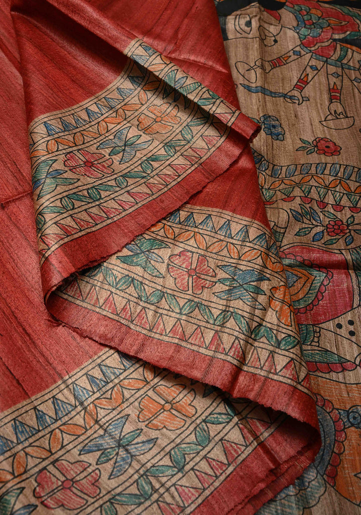 Red Tussar Madhubani Hand-Painted Saree  | SILK MARK CERTIFIED
