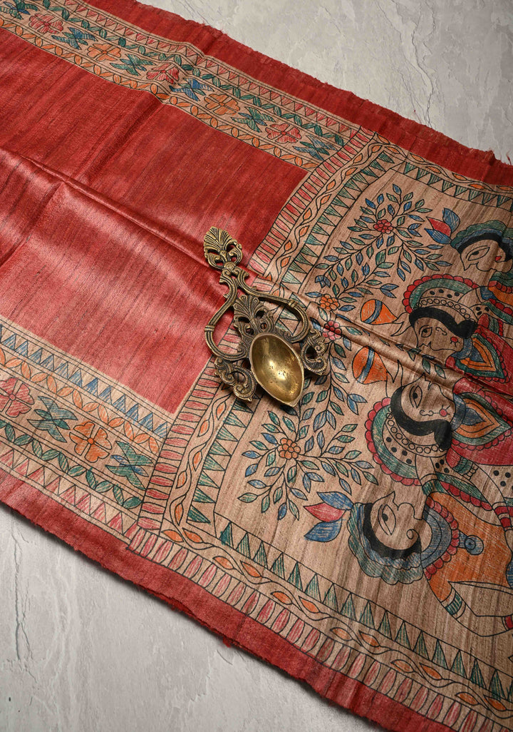 Red Tussar Madhubani Hand-Painted Saree  | SILK MARK CERTIFIED