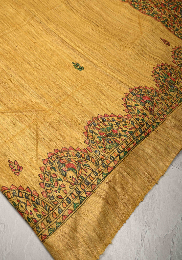 Mustard Tussar Madhubani Hand-Painted Saree  | SILK MARK CERTIFIED