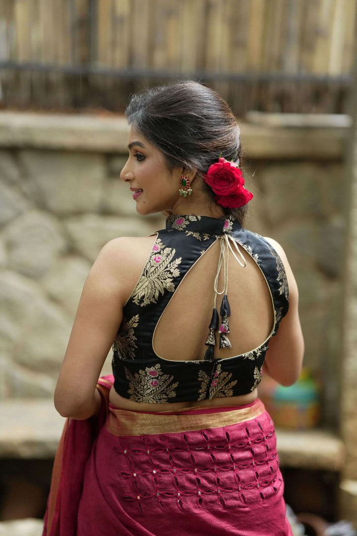 Black Meenakari halter neck mix and match blouse for saree, Made to Order
