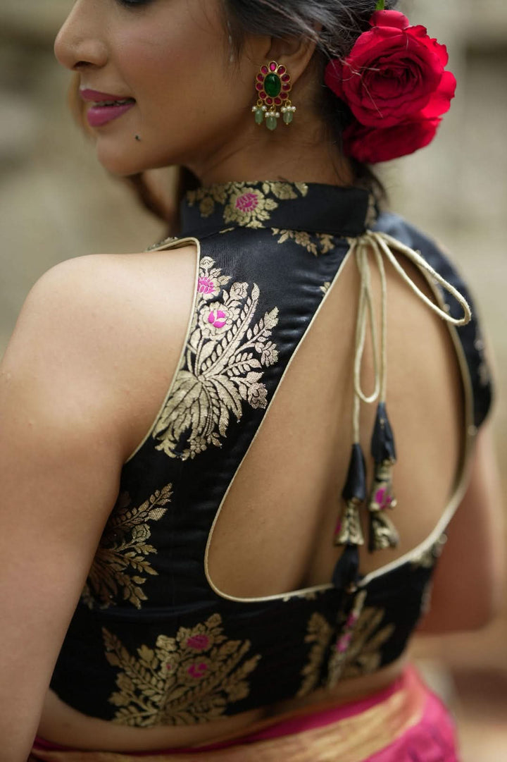 Black Meenakari halter neck mix and match blouse for saree, Made to Order