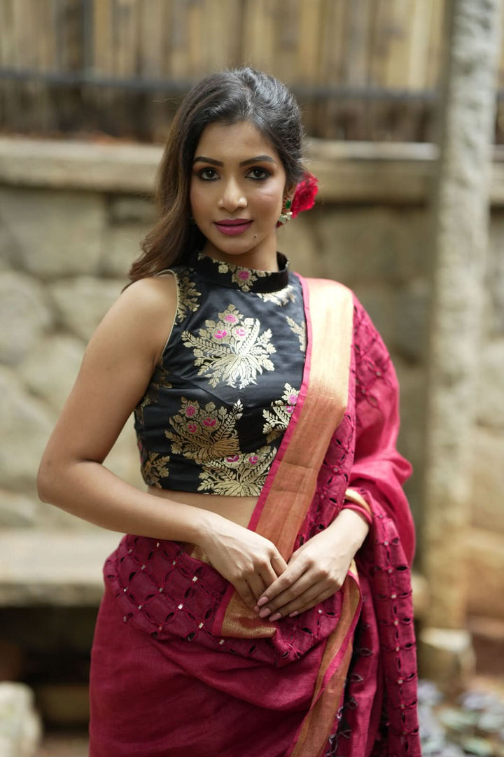 Black Meenakari halter neck mix and match blouse for saree, Made to Order