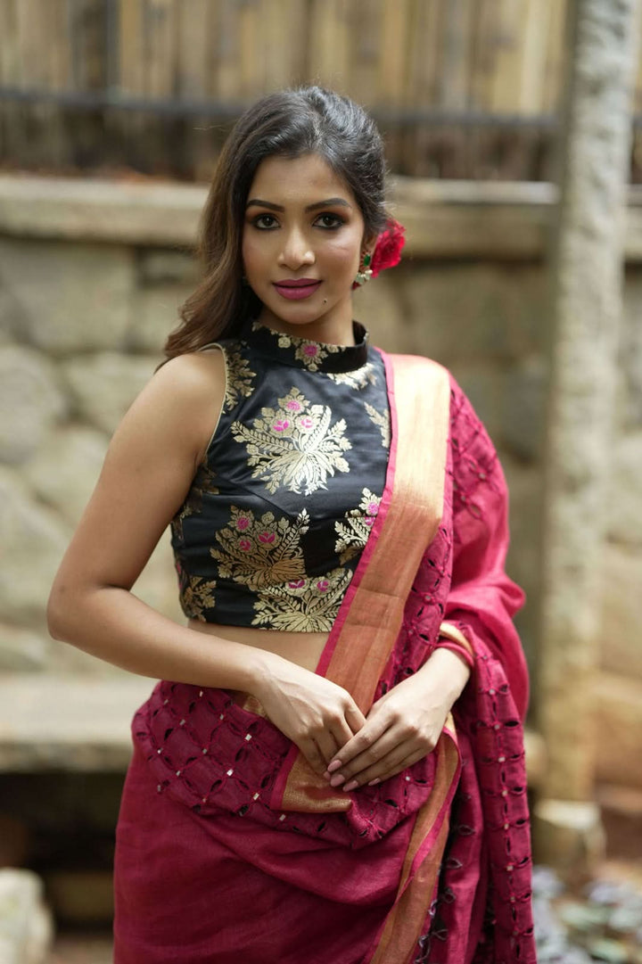 Black Meenakari halter neck mix and match blouse for saree, Made to Order