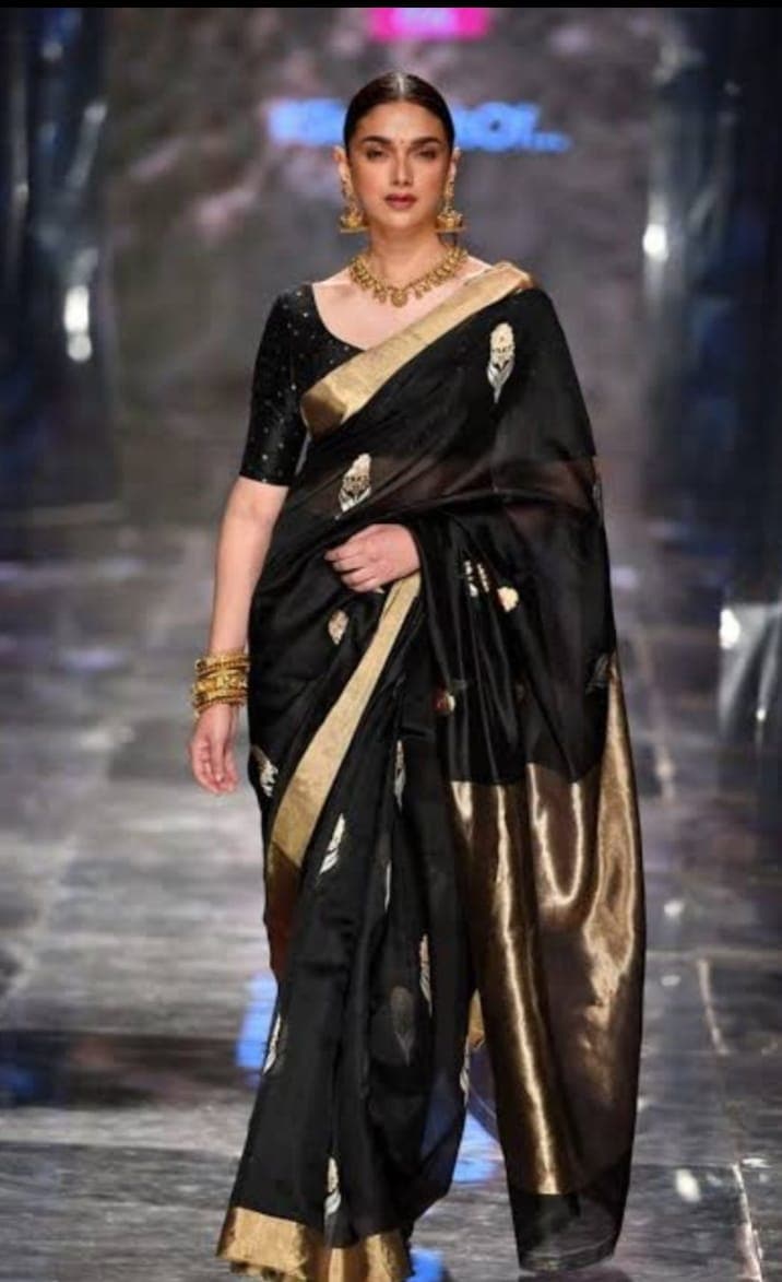 Black Chanderi Silk Saree with Sona Rupa Meena Floral Motifs in Black and Gold | Shobitam Saree