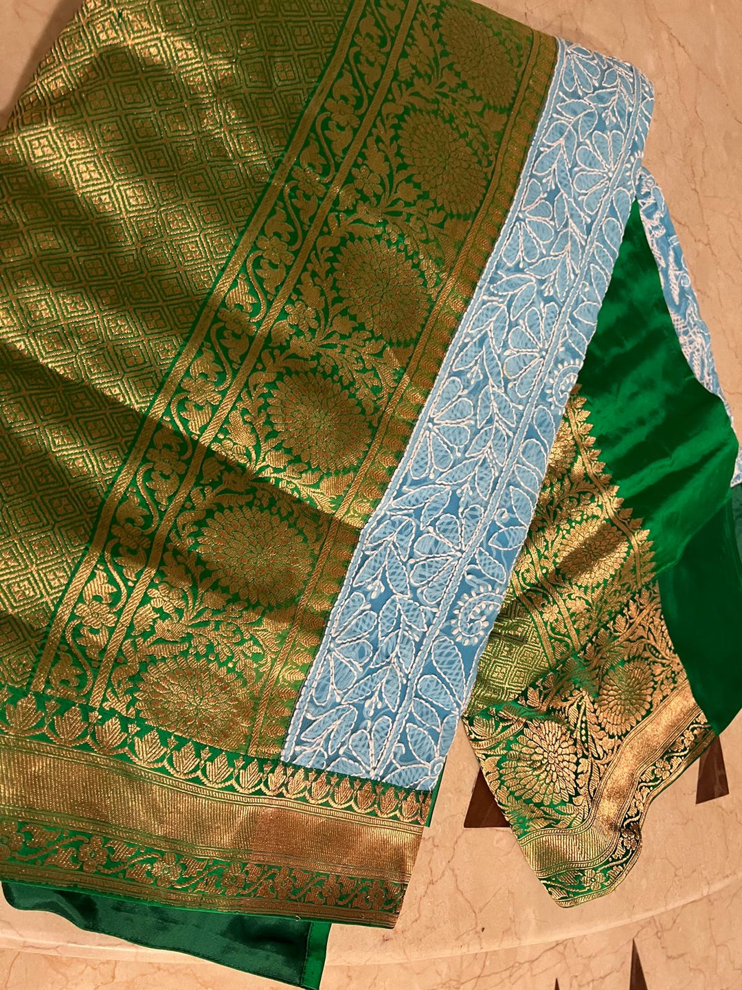 Fusion Saree with Blue Chikankari Hand embroidered saree with Green Banarasi Appliqued Borders and Pallu