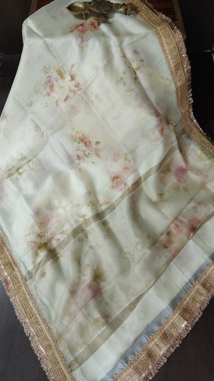 Off-White Pure Organza Silk Saree with Floral Digital Print and Lace Trim Border | SILK MARK CERTIFIED