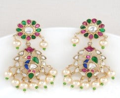 92.5 Silver Jadau pink white green blue stone Earrings