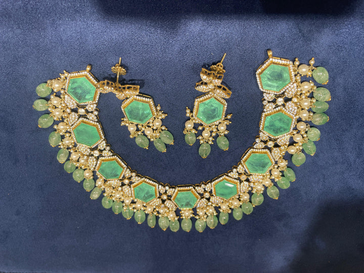 92.5 Silver Enchanted Emerald and Pearl Necklace Set with Dangling Beads