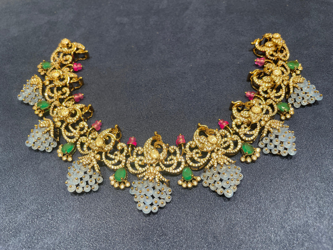 92.5 Silver Multi-Gemstone Polki Necklace with Emerald Drops