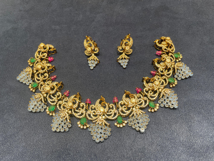 92.5 Silver Multi-Gemstone Polki Necklace with Emerald Drops