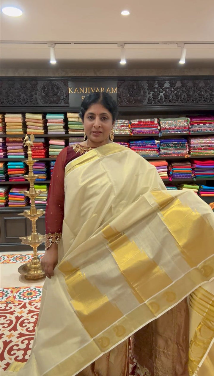 Tissue Cotton Saree with Elongated Temple Zari Motifs