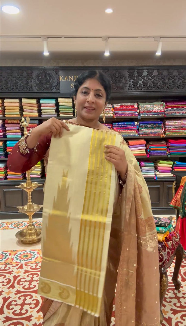 Tissue Cotton Saree with Elongated Temple Zari Motifs