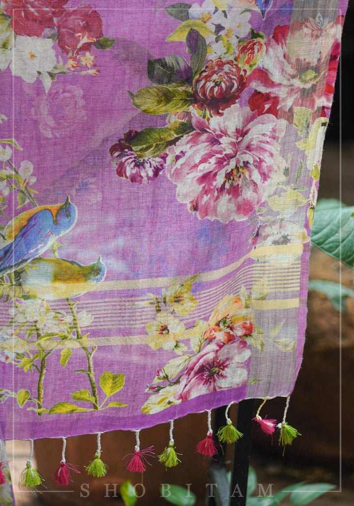 Periwinkle Linen Saree with Floral Digital Print