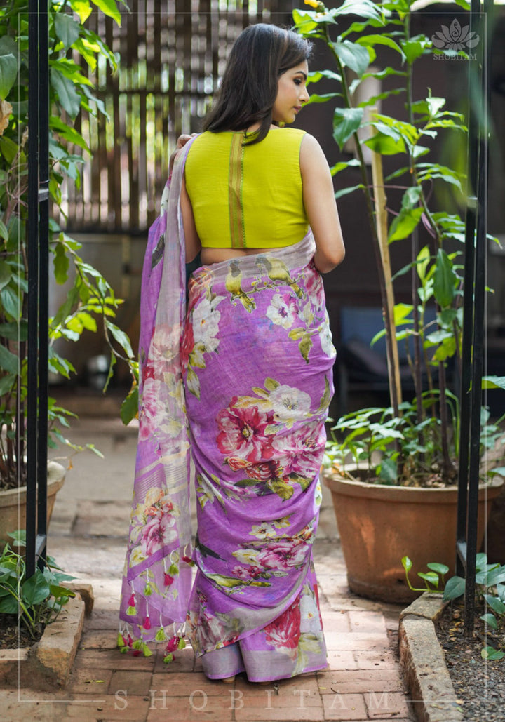 Periwinkle Linen Saree with Floral Digital Print