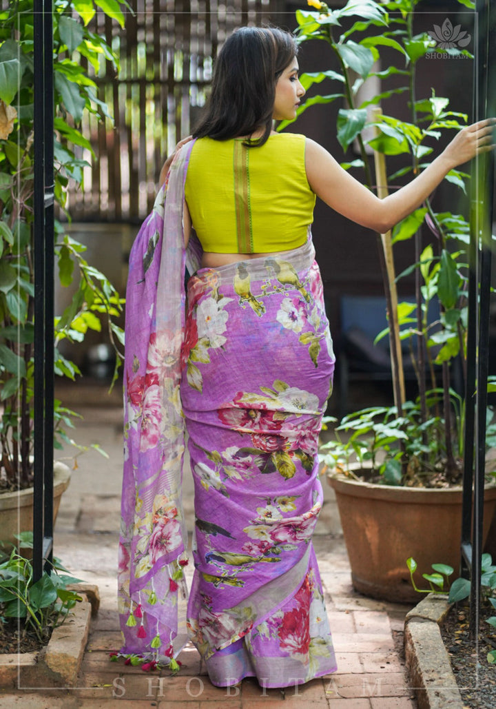 Periwinkle Linen Saree with Floral Digital Print