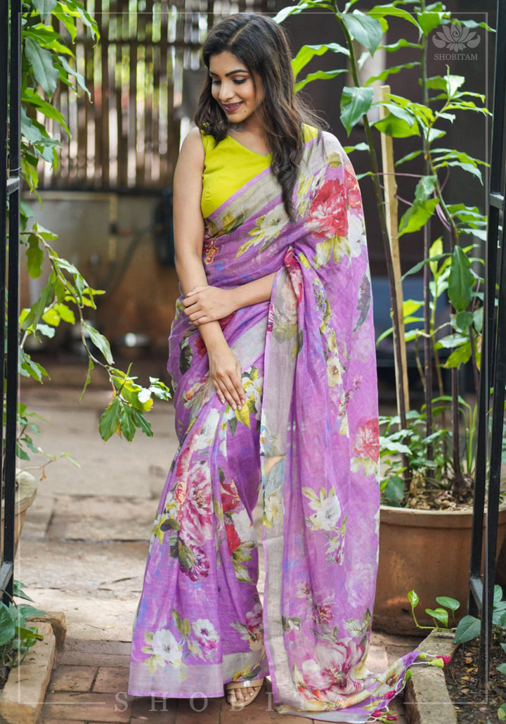 Periwinkle Linen Saree with Floral Digital Print