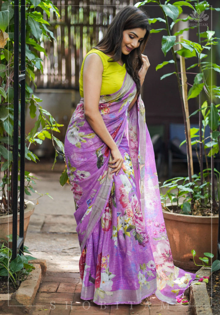 Periwinkle Linen Saree with Floral Digital Print