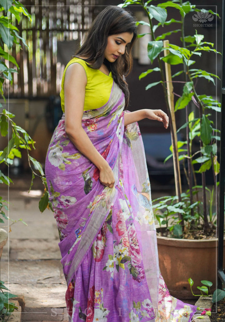 Periwinkle Linen Saree with Floral Digital Print