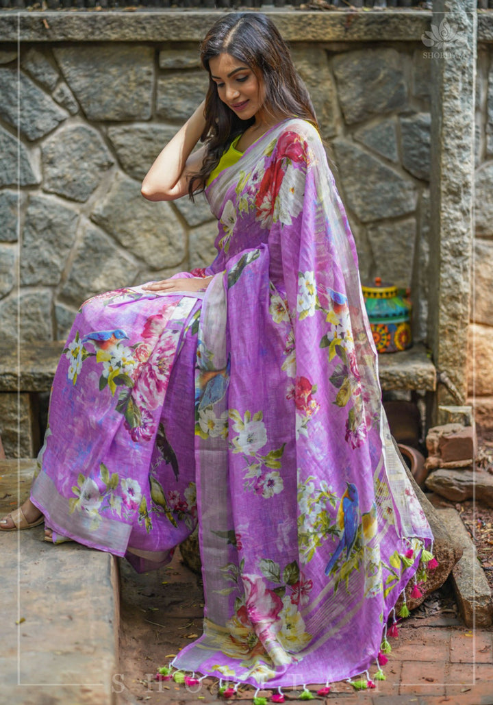 Periwinkle Linen Saree with Floral Digital Print
