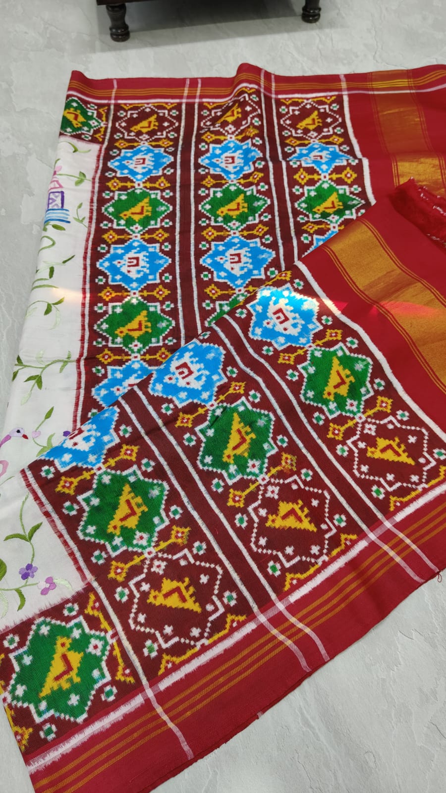 Authentic Double Ikkat Patan Patola Handwoven Silk Saree in white with handmade Parsigara embroidery | SILK MARK CERTIFIED