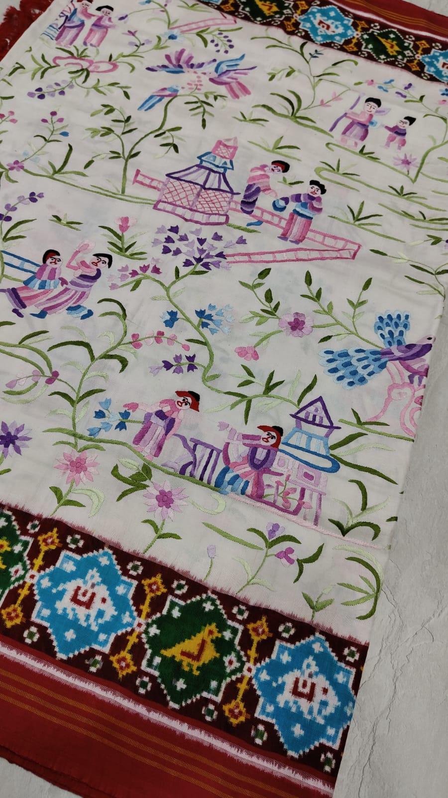 Authentic Double Ikkat Patan Patola Handwoven Silk Saree in white with handmade Parsigara embroidery | SILK MARK CERTIFIED